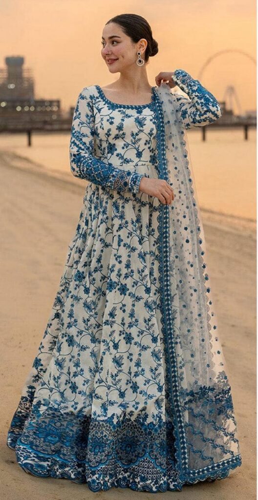 Blue Floral Printed 3 Piece Unstitched Suit